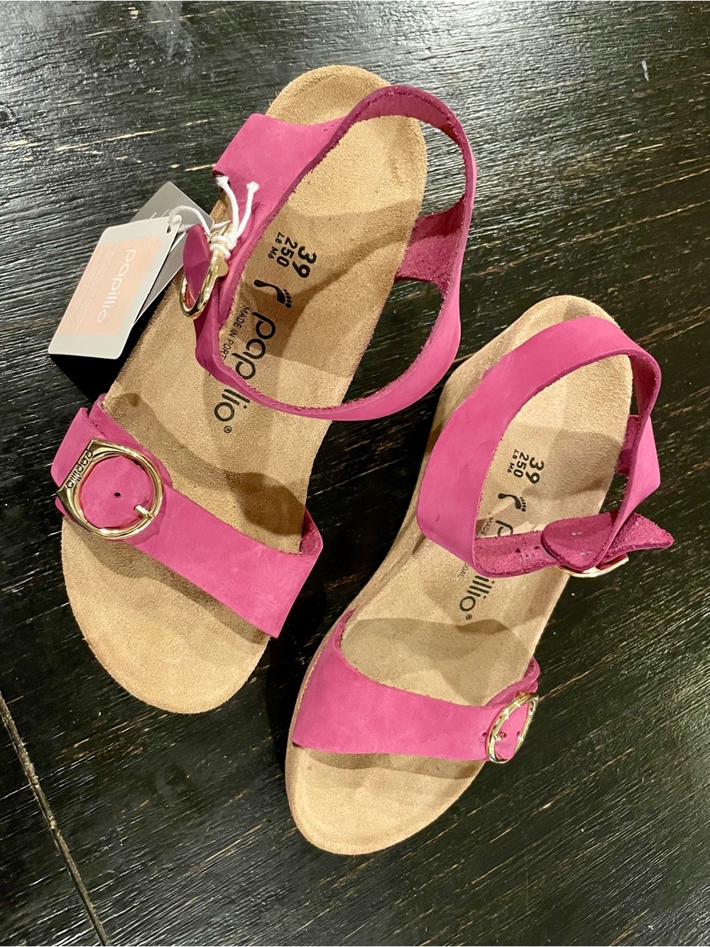 Papillio Women's Fuchsia Suede Double-Strap Sandals with Gold Buckles